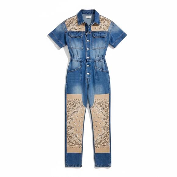 Free People X Tricia Fix Bandana Denim Jumpsuit Coveralls Size XL Western Boho - Picture 2 of 10